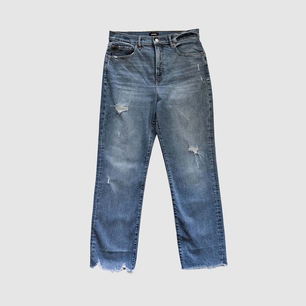 Express Women's Straight Leg Jeans in Distressed Medium Blue